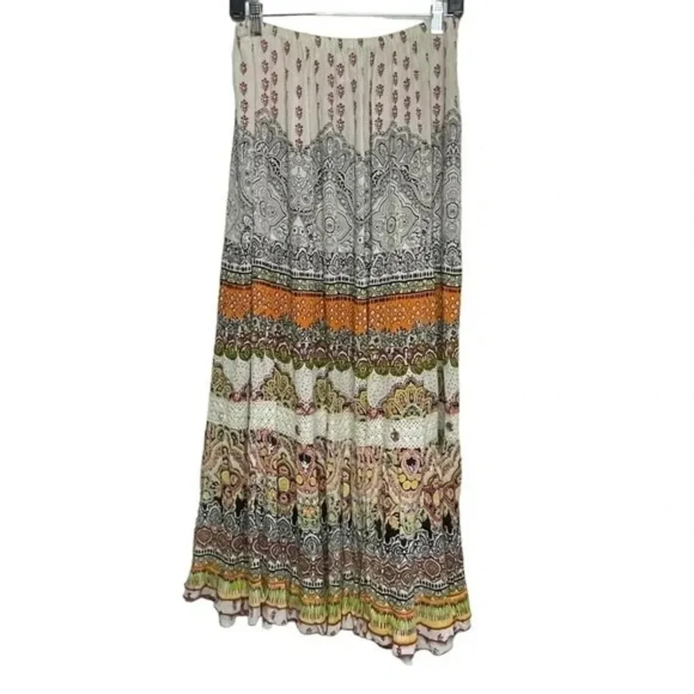 Forbidden Los Angeles Boho Maxi‎ Skirt M Patchwork Paisley Print Embellished